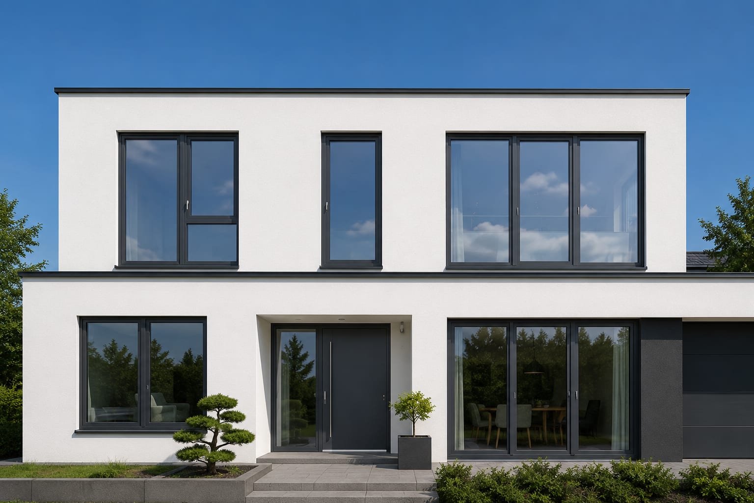 Weiß verputztes Wohnhaus mit anthrazitfarbenen Fensterelementen über zwei Geschosse