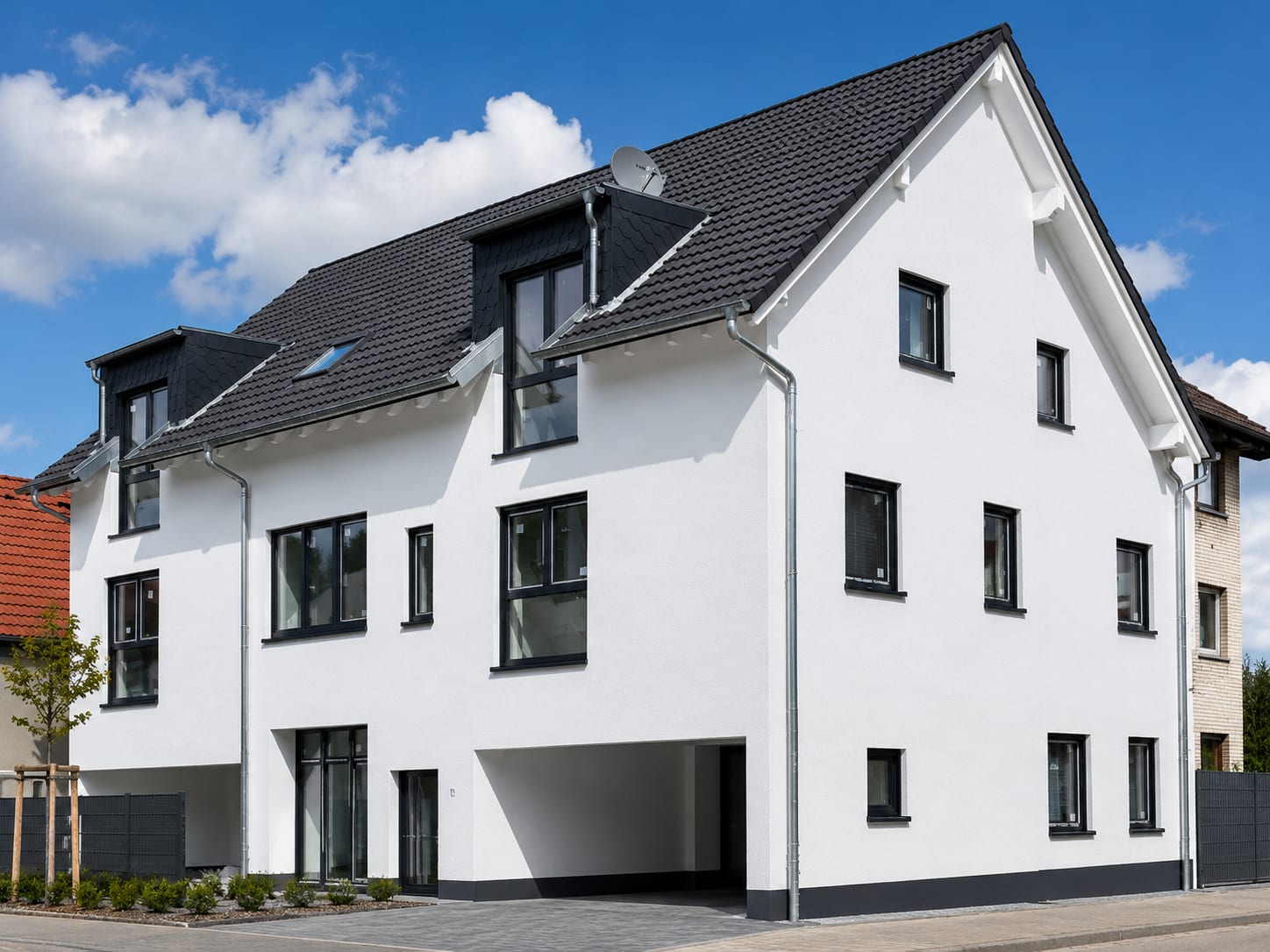 Weißes Doppelhaus mit dunklem Ziegeldach, Schleppgauben und offenem Carport