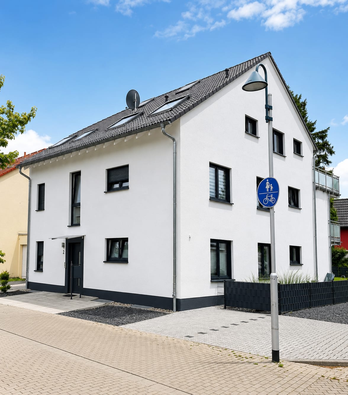Freistehendes Einfamilienhaus mit Satteldach, Dachflächenfenstern und Eckgrundstück